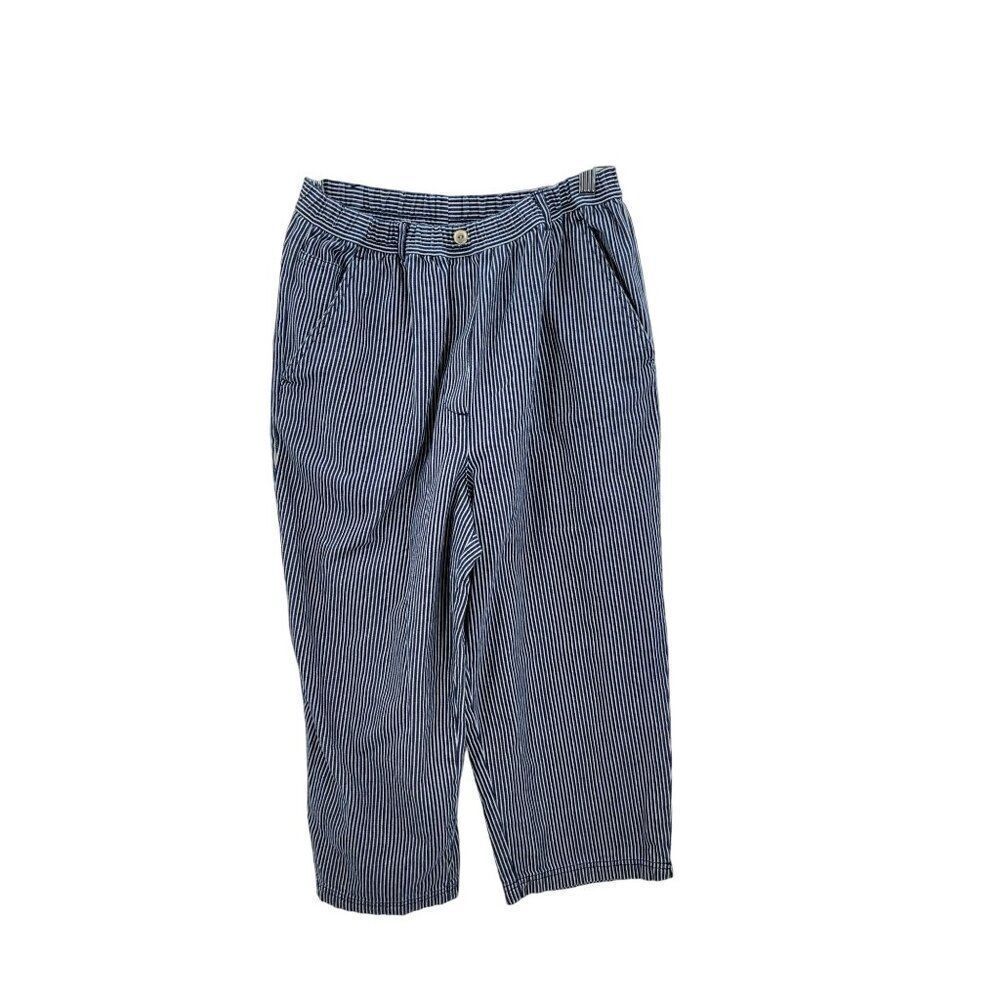 Vtg Petite Blue White Engineer Striped High Waisted Crop Pants‎ PS Elastic Waist